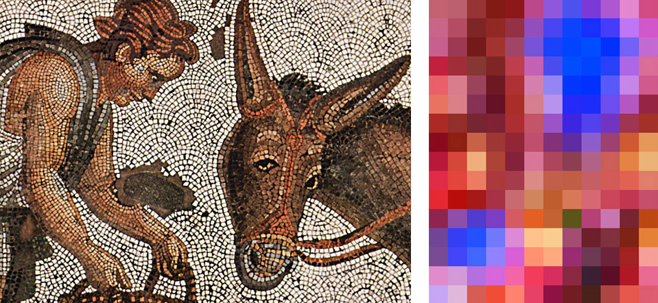 Die Abbildung zeigt Bildelemente eines Mosaiks und die Pixel eines Fotos