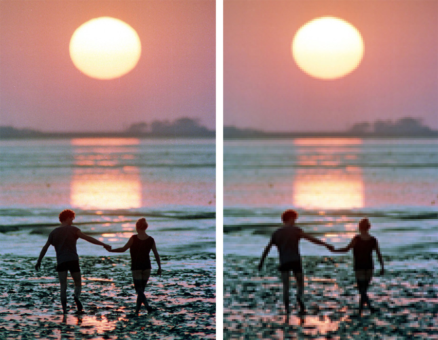 Die Abbildung zeigt einen Sonnenuntergang: links richtig aufgelöst, rechts zu gering aufgelöst