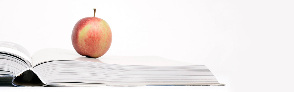 Das Foto zeigt einen Apfel auf einem aufgeschlagenen Buch neben einer Kamera liegend.